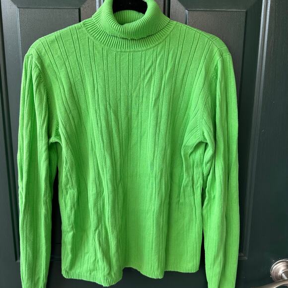 Talbots Bright Green Cotton Turtleneck Sweater L | Ribbed Knit Preppy Minimalist - Picture 1 of 5